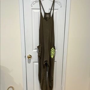 Olive Green Jumpsuit with Yellow Floral Accent